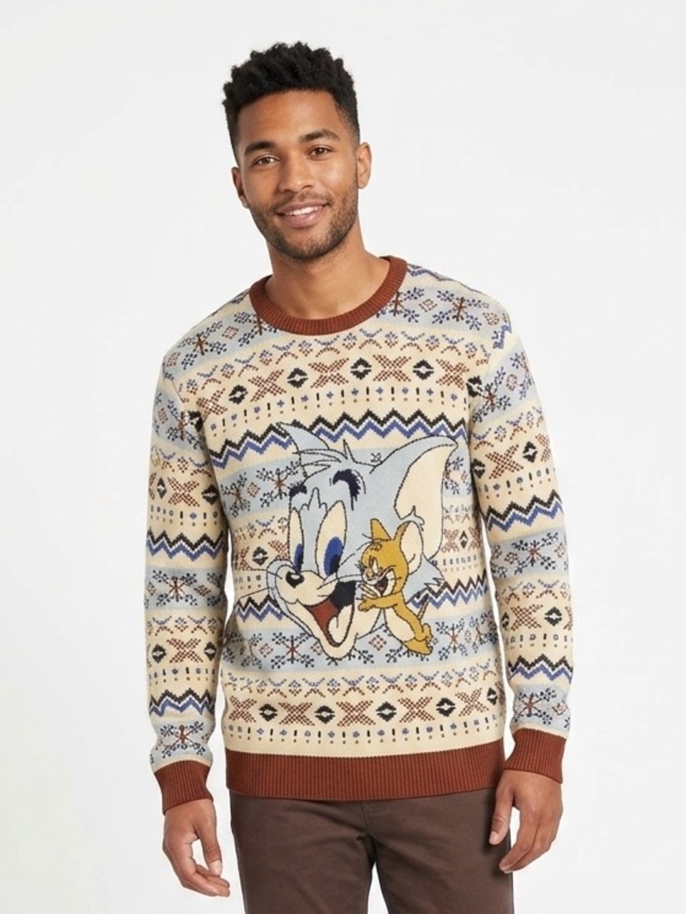 Tom and Jerry Men's Cream and Brown Cartoon Character Christmas Sweater Size XL